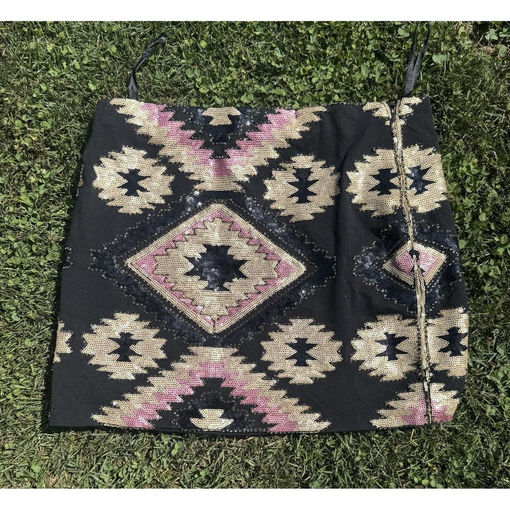Sequin Mini Skirt Womens M Black Gold Aztec Geometric Lined Party